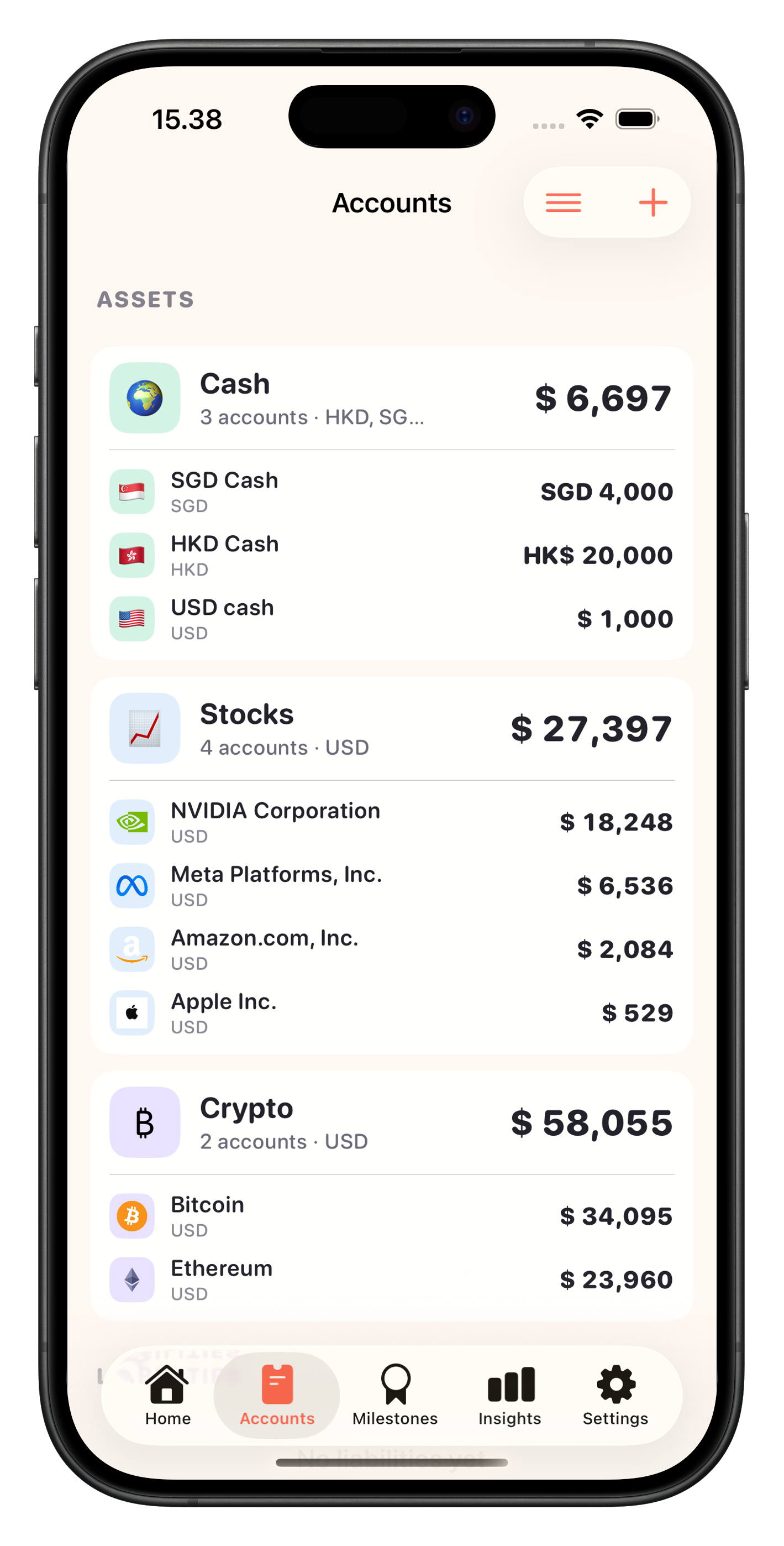 Wealthly Accounts screen