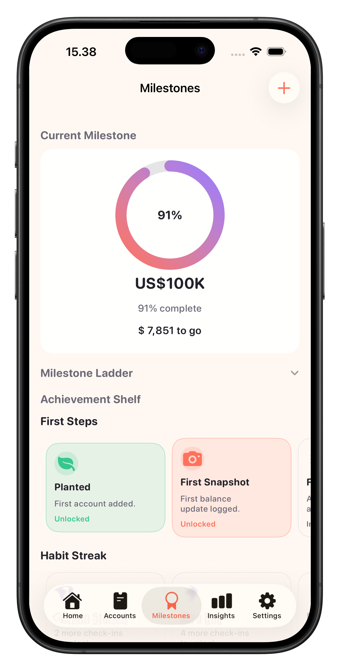 Wealthly Milestones screen